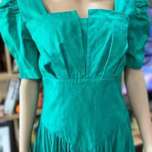 Lord & Taylor 1980’s fit n flare brocade vintage green dress with pockets-L - Picture 12 of 12